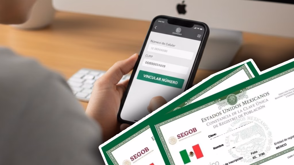 Tabasqueño, ¡Checa Dato! ¿Qué Pasa Si No Registras Tu Línea Celular? Conoce Las Fechas Límite Y El Calendario 2026 73 Persona Sosteniendo Un Teléfono Celular Que Muestra Un Formulario Digital Con Los Campos Número De Celular Y Curp Junto A Un Botón Verde Que Dice Vincular Número, Con Impresiones De Constancias De La Curp De La Segob En La Esquina Inferior.