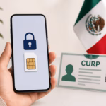 Mano Sosteniendo Un Teléfono Celular Con Un Icono De Candado Y Una Tarjeta Sim En La Pantalla, Junto A Un Documento Oficial Con La Leyenda Curp, Un Código Qr Y La Bandera De México Al Fondo.