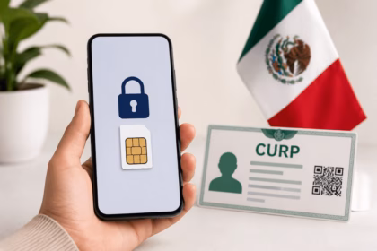 Mano Sosteniendo Un Teléfono Celular Con Un Icono De Candado Y Una Tarjeta Sim En La Pantalla, Junto A Un Documento Oficial Con La Leyenda Curp, Un Código Qr Y La Bandera De México Al Fondo.