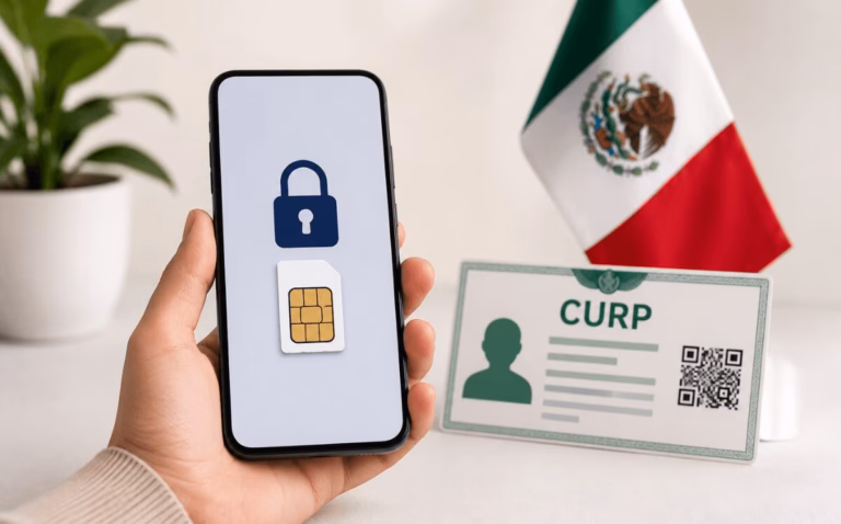 Mano Sosteniendo Un Teléfono Celular Con Un Icono De Candado Y Una Tarjeta Sim En La Pantalla, Junto A Un Documento Oficial Con La Leyenda Curp, Un Código Qr Y La Bandera De México Al Fondo.