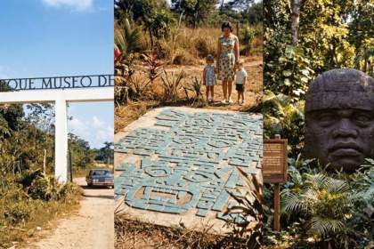 Collage De Tres Fotografías De Época Que Muestran La Entrada Original, A Una Familia Junto Al Mosaico Olmeca Y Una Cabeza Colosal En El Parque-Museo De La Venta En Los Años 60.