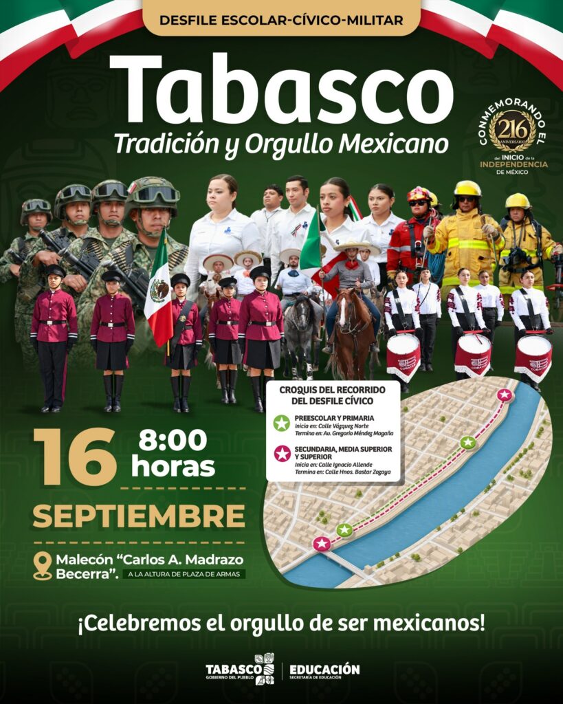 Convocan A Las Familias Tabasqueñas Al Tradicional Desfile Escolar, Cívico Y Militar Del 16 De Septiembre En Villahermosa 73 Cartel Oficial Del Desfile Escolar-Cívico-Militar 2026 En Tabasco, Con Imágenes De Militares, Estudiantes, Bomberos Y Paramédicos, Acompañados Por Un Mapa Del Recorrido En El Malecón Carlos A. Madrazo Becerra De Villahermosa.