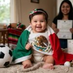 Bebé Isisi Envuelta En La Bandera De México Junto A Un Balón De Futbol Y Su Acta De Nacimiento Oficial De Tamaulipas.