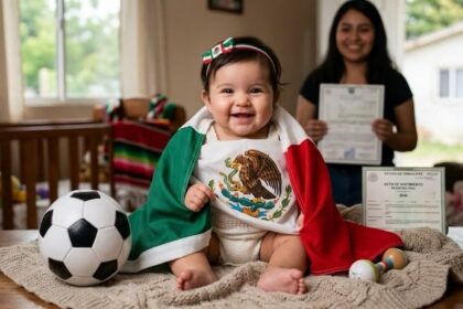 Bebé Isisi Envuelta En La Bandera De México Junto A Un Balón De Futbol Y Su Acta De Nacimiento Oficial De Tamaulipas.