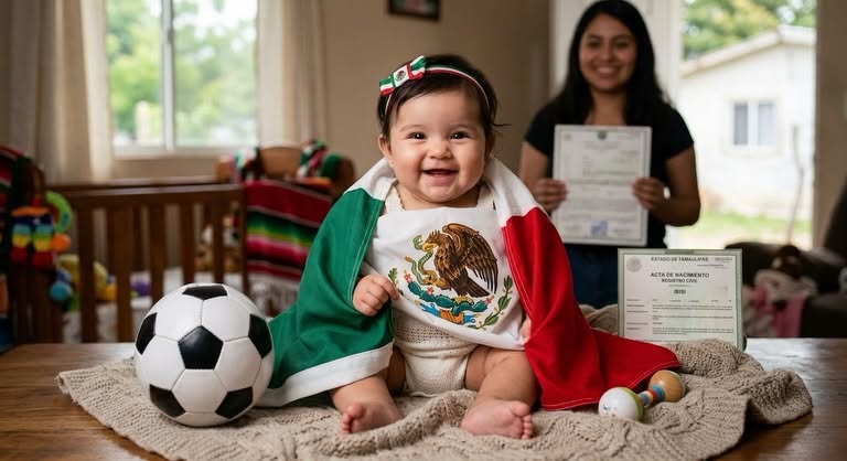 Bebé Isisi Envuelta En La Bandera De México Junto A Un Balón De Futbol Y Su Acta De Nacimiento Oficial De Tamaulipas.