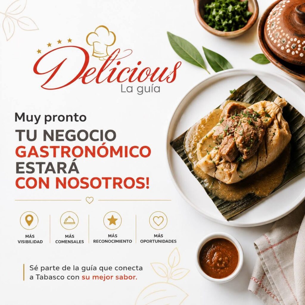 Cartel Publicitario De Delicious La Guía Con Un Platillo Tradicional Sobre Hoja De Plátano Para Promocionar Opciones De Dónde Comer En Tabasco.
