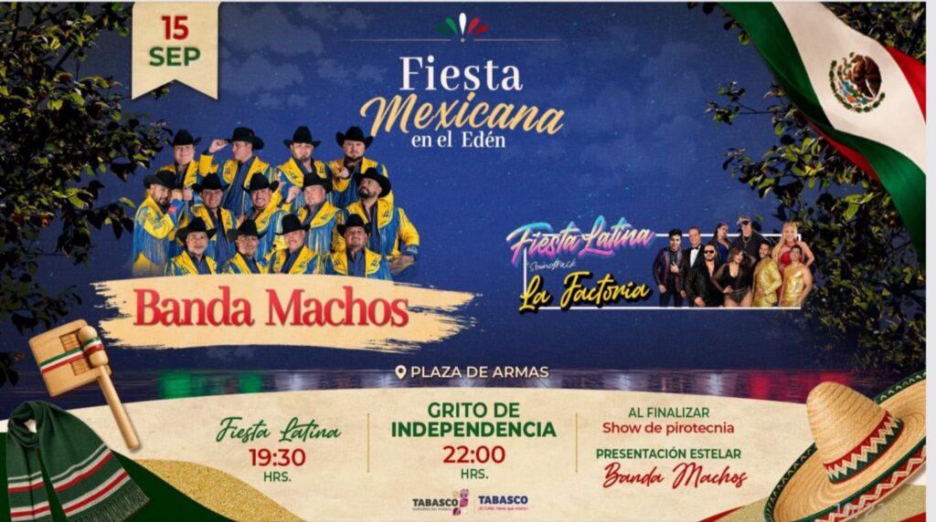 Cartel Oficial De La Fiesta Mexicana En El Edén Con Los Horarios De La Fiesta Latina, El Grito De Independencia Y La Presentación De Banda Machos En Plaza De Armas.