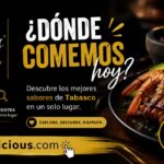 Banner Publicitario De Delicious Con Un Teléfono Móvil Mostrando La Plataforma Para Buscar Restaurantes En Tabasco Y Un Plato De Mariscos Y Carnes.