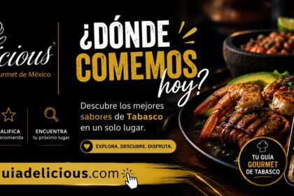 Banner Publicitario De Delicious Con Un Teléfono Móvil Mostrando La Plataforma Para Buscar Restaurantes En Tabasco Y Un Plato De Mariscos Y Carnes.