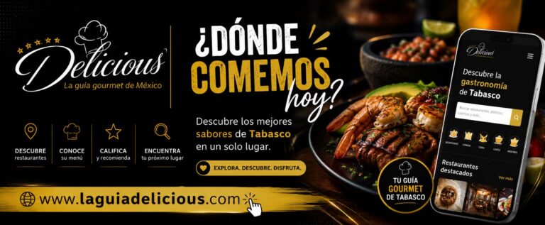 Banner Publicitario De Delicious Con Un Teléfono Móvil Mostrando La Plataforma Para Buscar Restaurantes En Tabasco Y Un Plato De Mariscos Y Carnes.