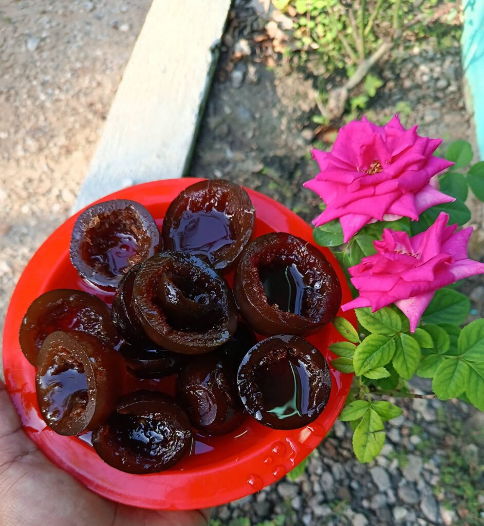 ¿Sabías Por Qué Se Llama «Oreja De Mico»? El Secreto Detrás Del Dulce Más Sabroso Y Curioso De Tabasco 73 Plato Rojo Con Dulce Tradicional De Oreja De Mico En Almíbar, Junto A Un Rosal Con Flores Rosa Fucsia En Un Patio De Tabasco.