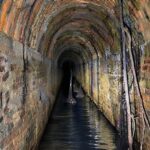 Vista Interior De Un Antiguo Túnel Abovedado De Ladrillo Con Un Canal De Agua En El Suelo. Dos Estalagmitas Oscuras Y Delgadas Emergen Del Agua, Y Raíces De Árboles Cuelgan De La Pared Derecha. El Túnel Se Curva Hacia La Oscuridad Total En La Distancia.