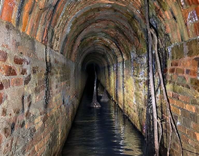 Vista Interior De Un Antiguo Túnel Abovedado De Ladrillo Con Un Canal De Agua En El Suelo. Dos Estalagmitas Oscuras Y Delgadas Emergen Del Agua, Y Raíces De Árboles Cuelgan De La Pared Derecha. El Túnel Se Curva Hacia La Oscuridad Total En La Distancia.