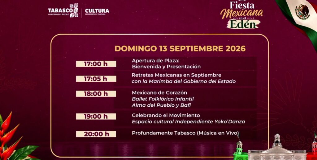 Guía Completa De Las Fiestas Patrias En Tabasco: Cartelera De Eventos, Grito De Independencia Y Desfile 2026 Cartel Oficial Del Programa De Actividades Para La Fiesta Mexicana En El Edén En Tabasco El Domingo 13 De Septiembre De 2026.