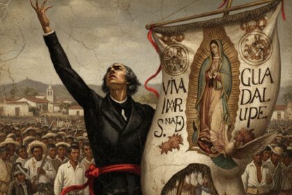 Pintura Histórica Del Cura Miguel Hidalgo Sosteniendo El Estandarte De La Virgen De Guadalupe Ante Una Multitud Durante El Inicio De La Independencia De México.