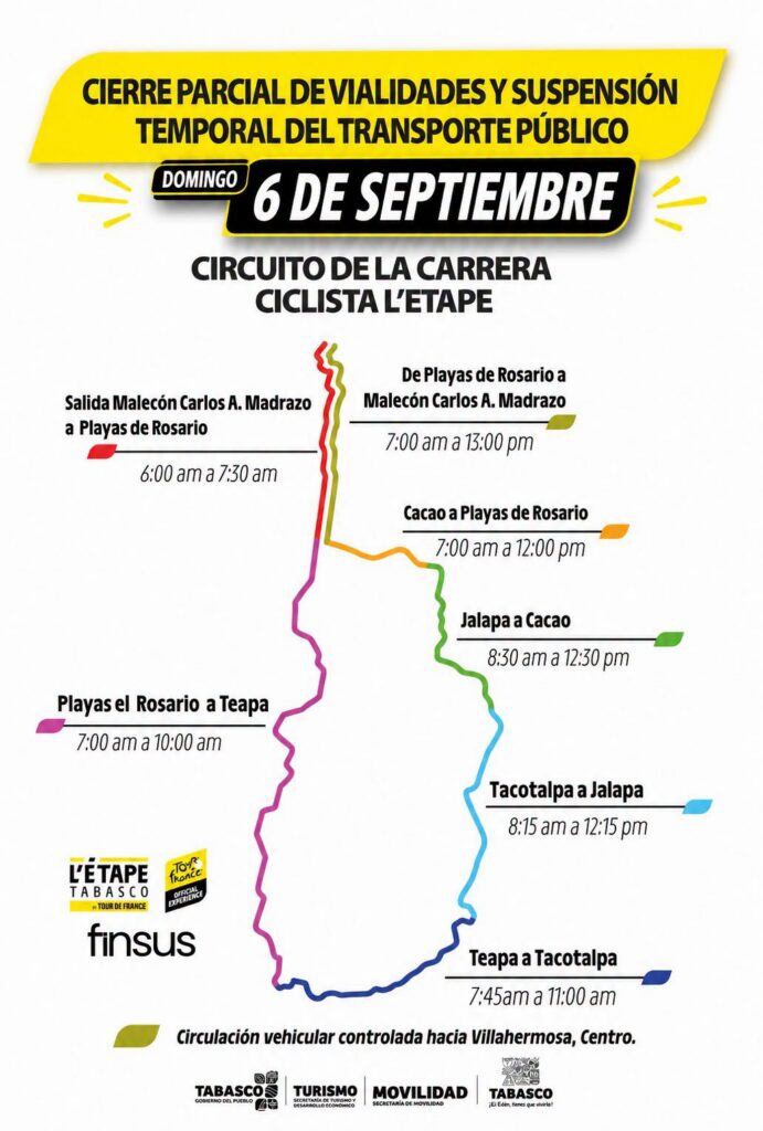 Tabasco Hace Historia Con L'Étape México: Conoce A Detalle Las Vialidades Y Tramos Intermunicipales Que Permanecerán Cerrados En Cuatro Municipios Este Domingo 73 Mapa E Infografía Oficial De Los Cierres Viales Y Horarios Del Circuito L’étape Tabasco By Tour De France El Domingo 6 De Septiembre.